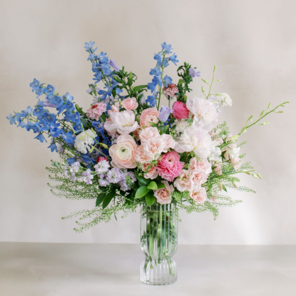 modern pastel mother's day arrangement in a large glass vase northwest arkansas